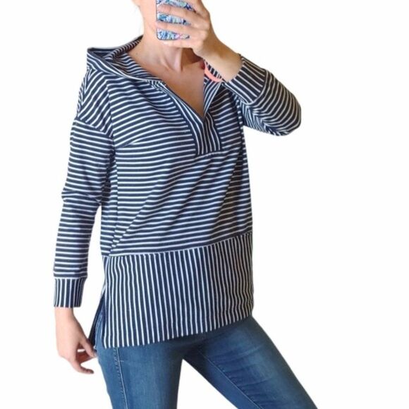 MelloDay striped hoodie blue white sweatshirt pullover long sleeves size Small - Picture 1 of 8